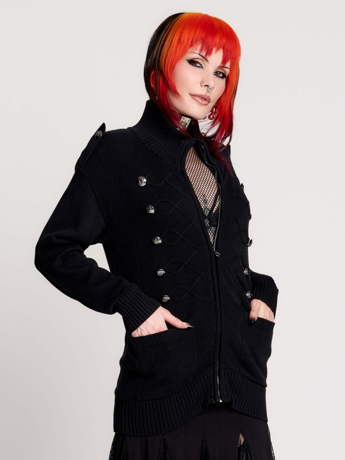 black zip-up knitted cardigan with ilver tones buttons and pockets