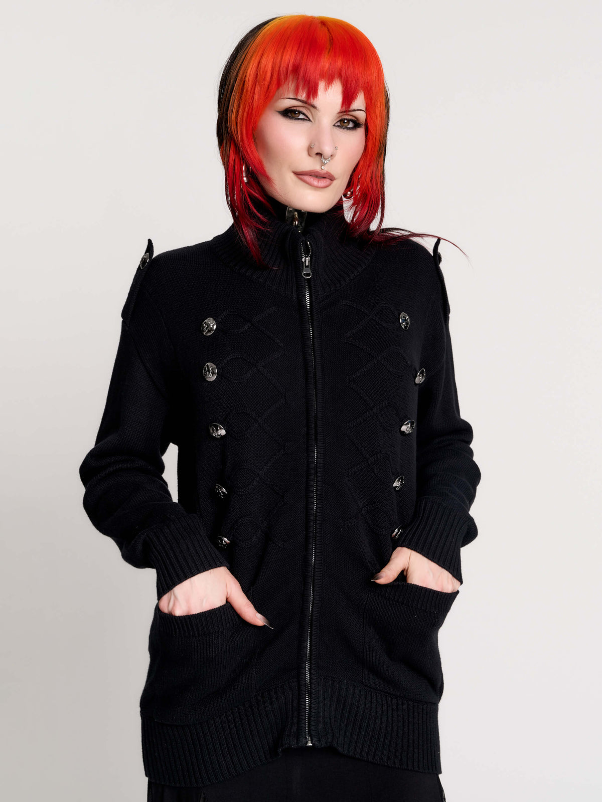 black zip-up knitted cardigan with ilver tones buttons and pockets
