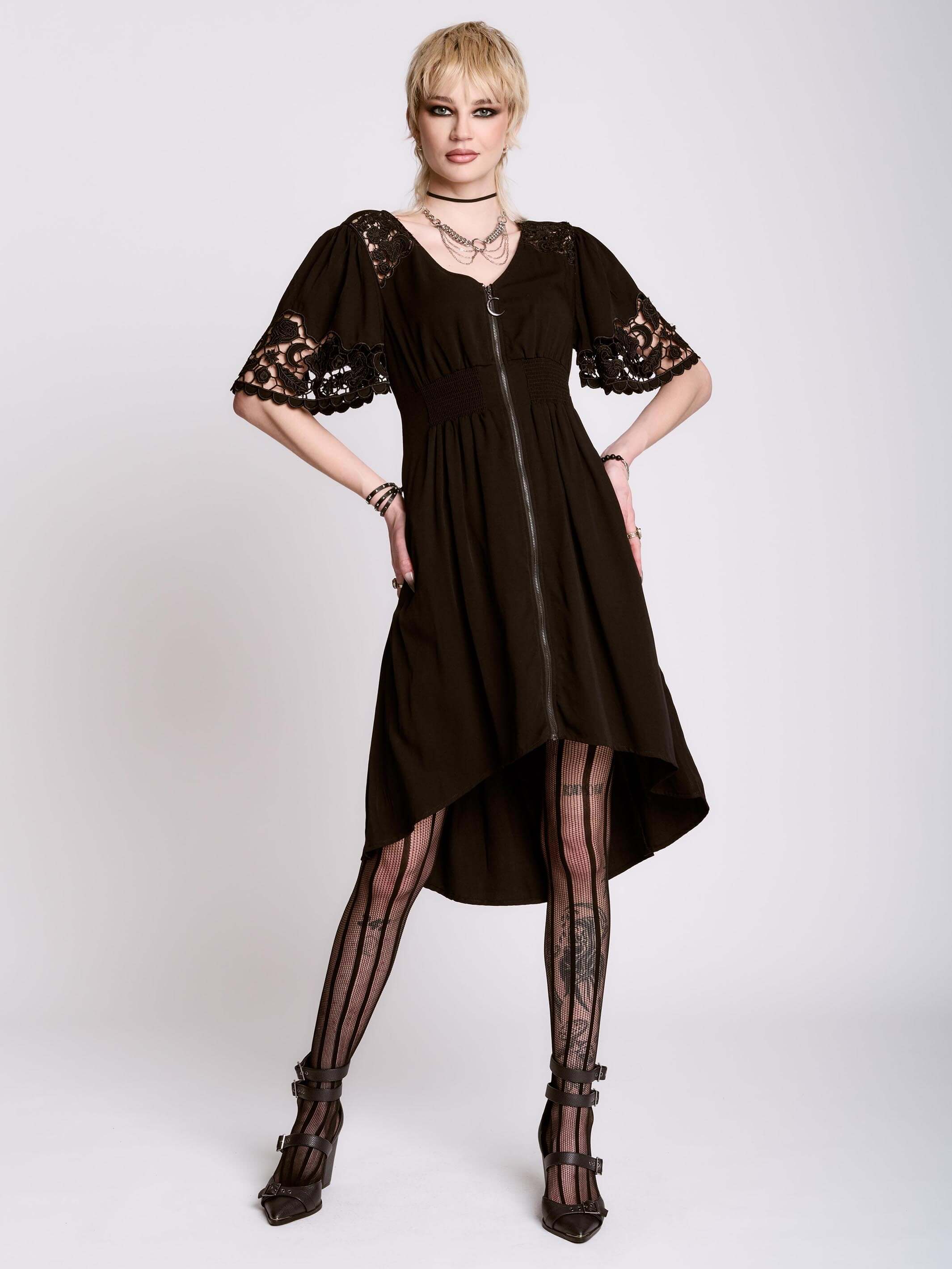 cut work embroidered ZIPPER DRESS