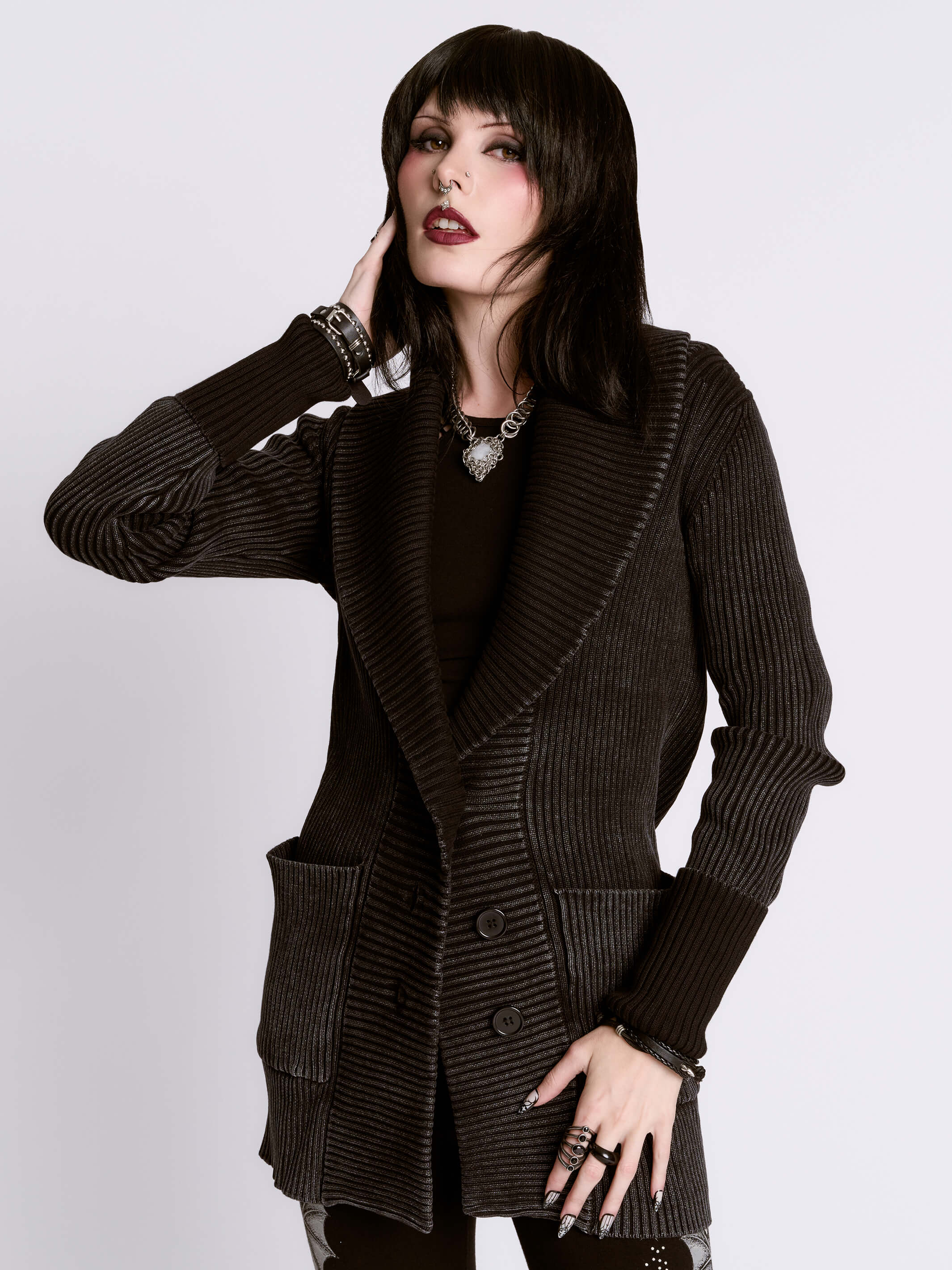 DISTRESSED RIB CARDIGAN