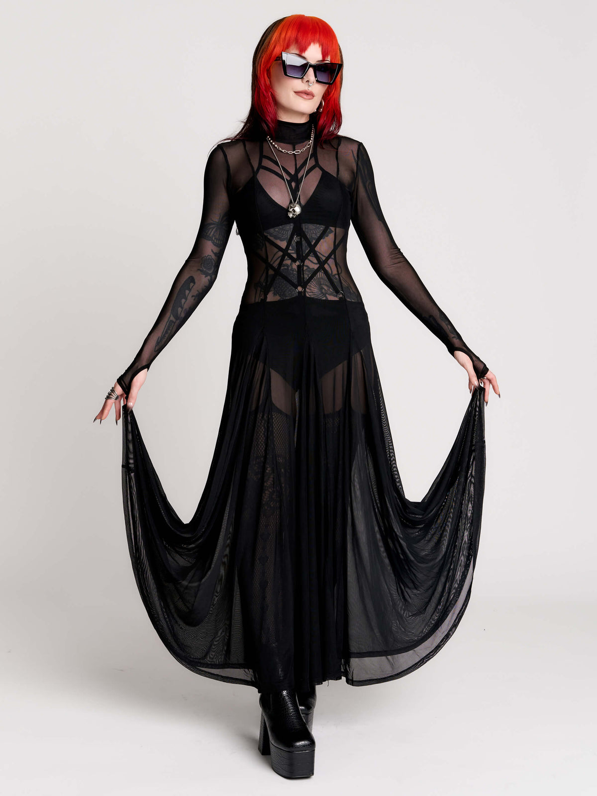 black sheer long-sleeve maxi dress