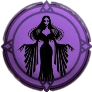 Circular purple emblem with a black silhouette of a woman in a dark dress.