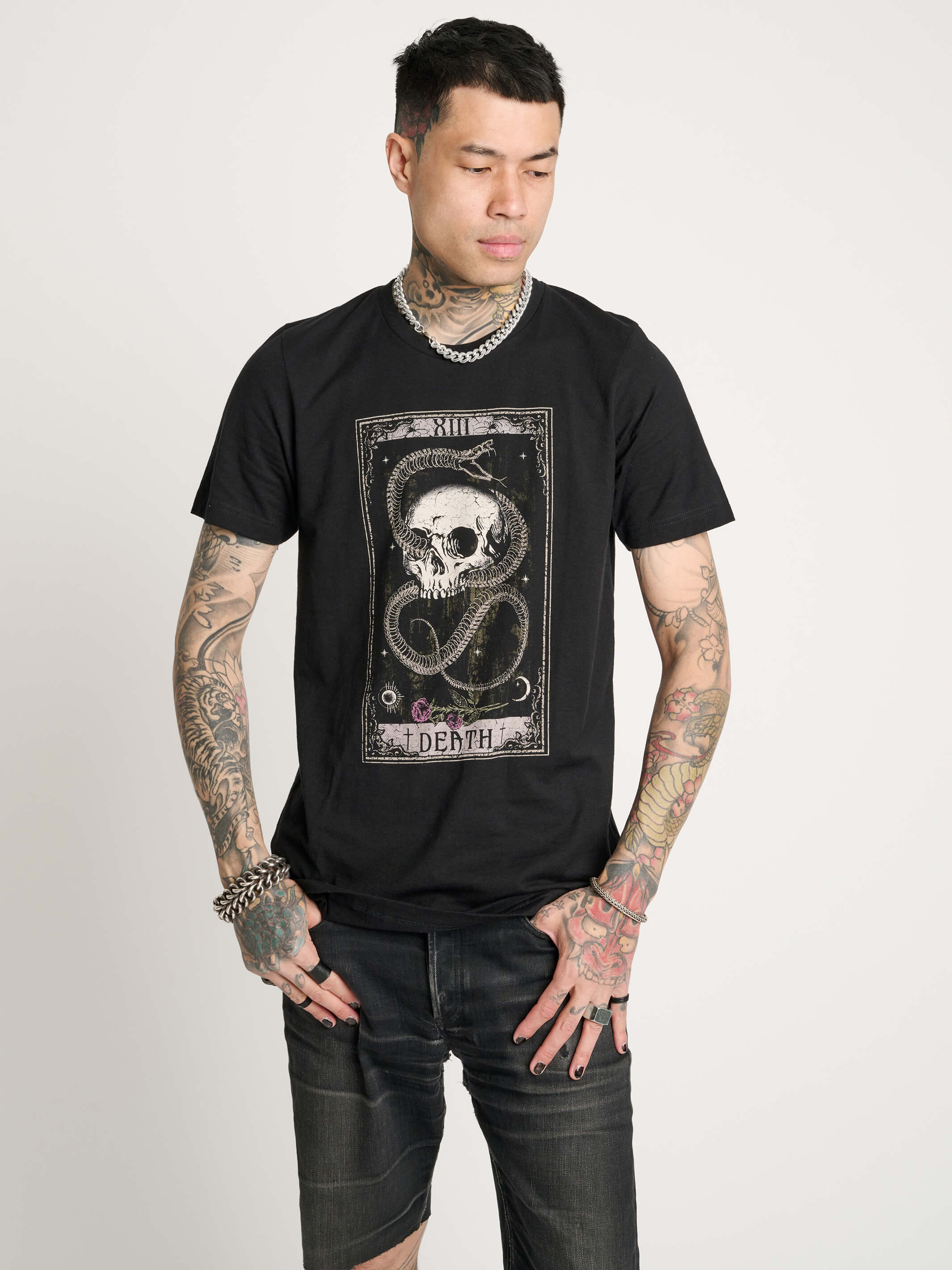 SKELETON SNAKE AND SKULL TAROT T-SHIRT