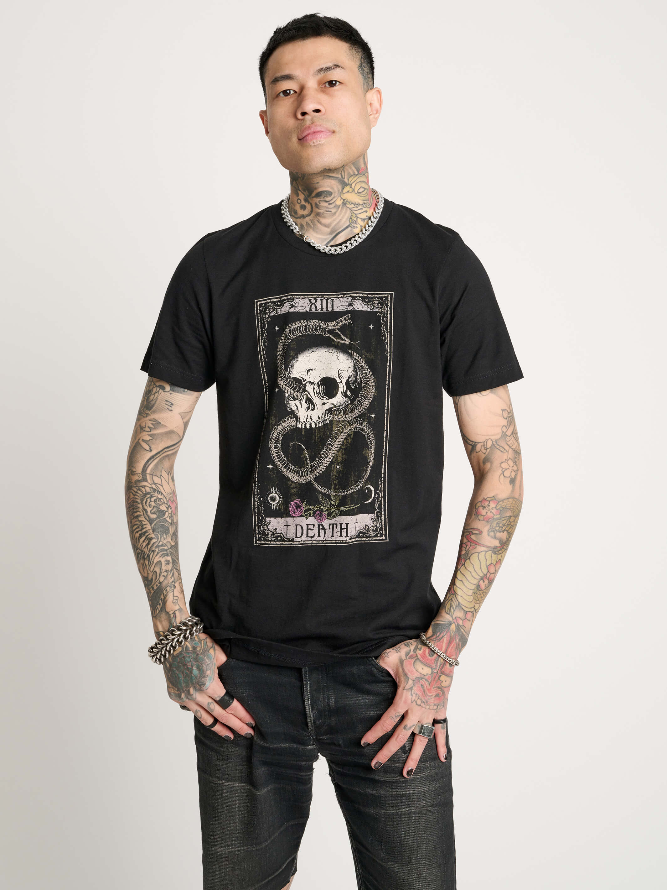SKELETON SNAKE AND SKULL TAROT T-SHIRT