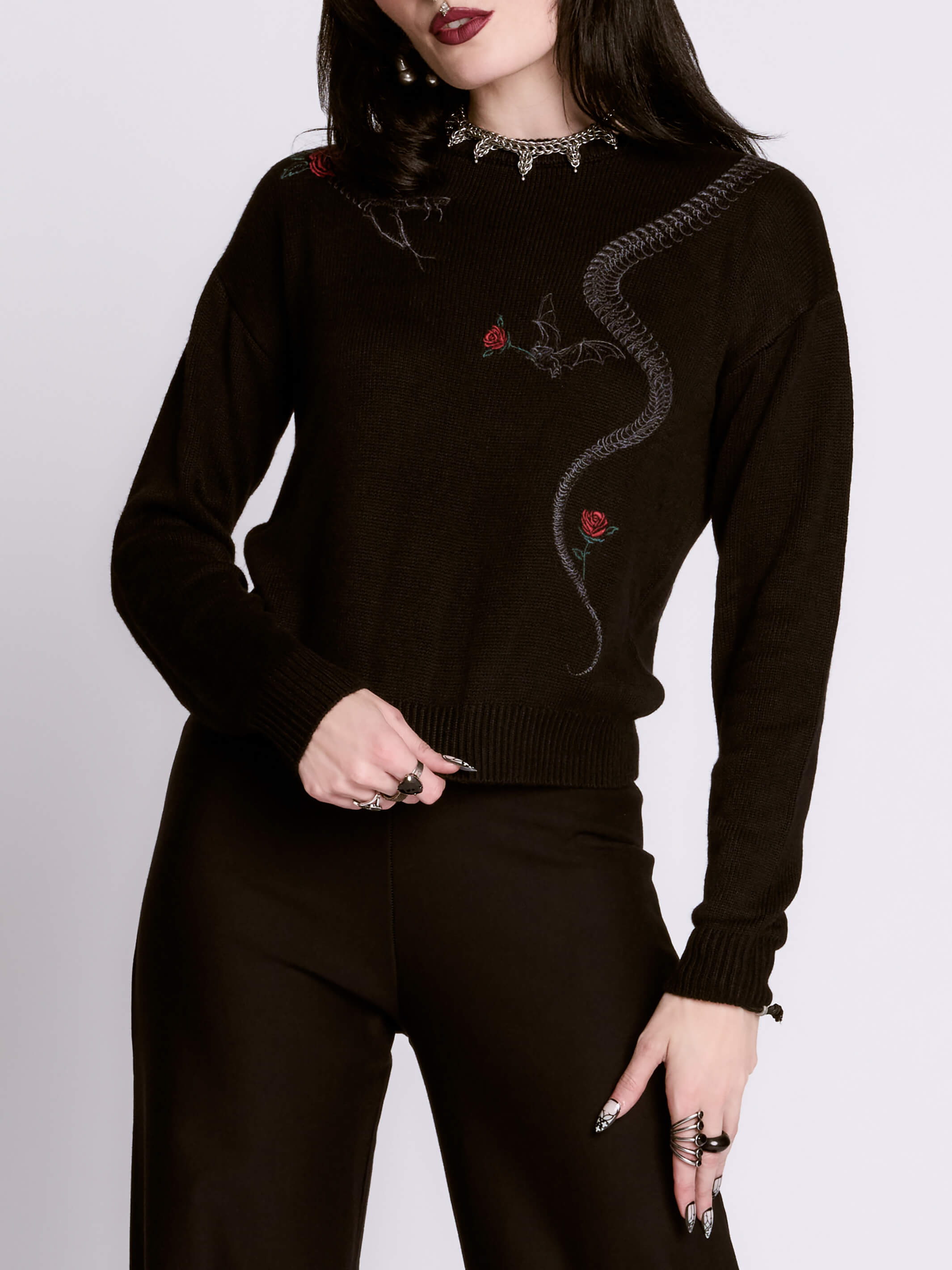 Embroidered Snake Rose Sweater