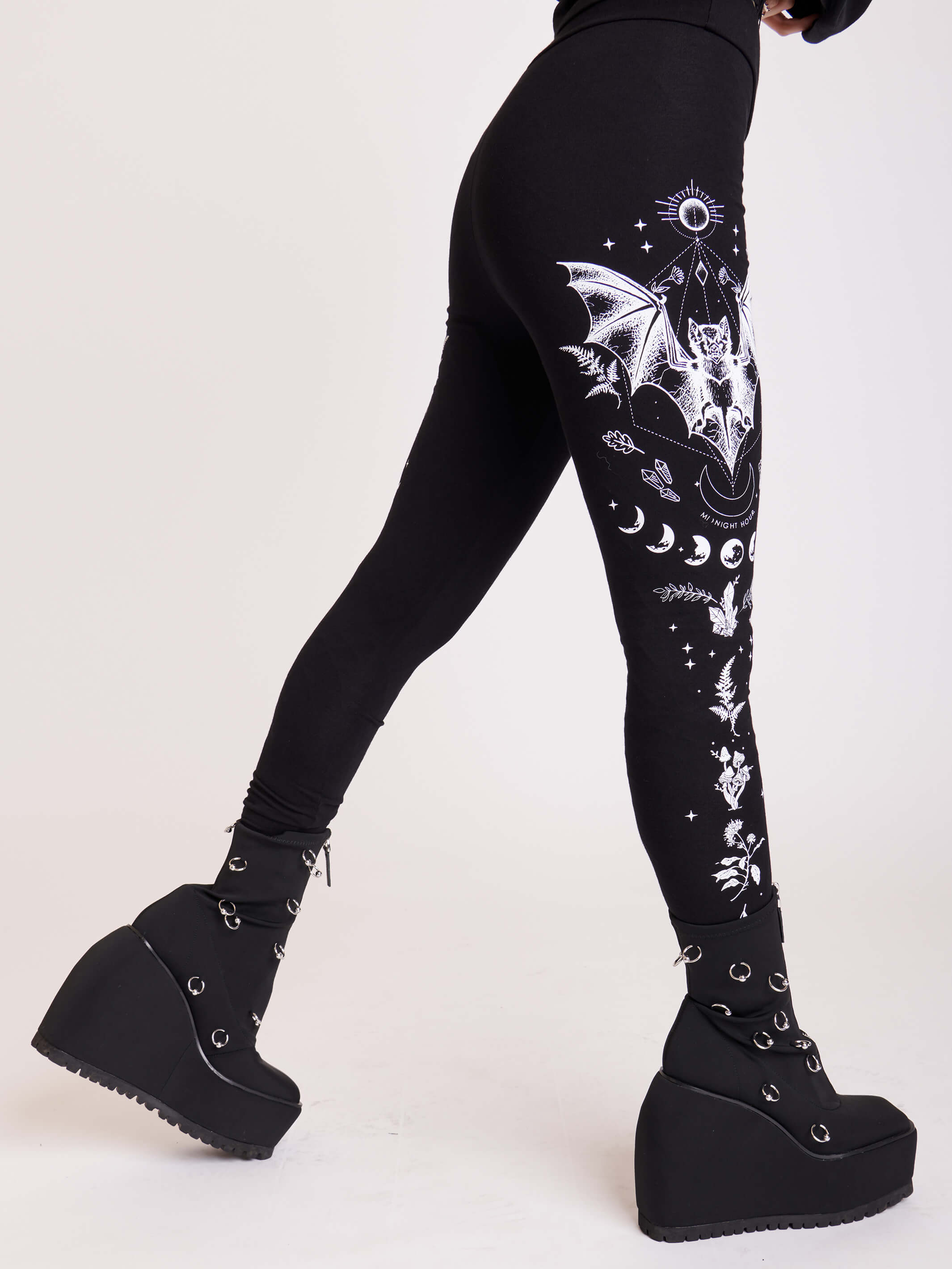 Witchy herbs, bat, moon phase black leggings