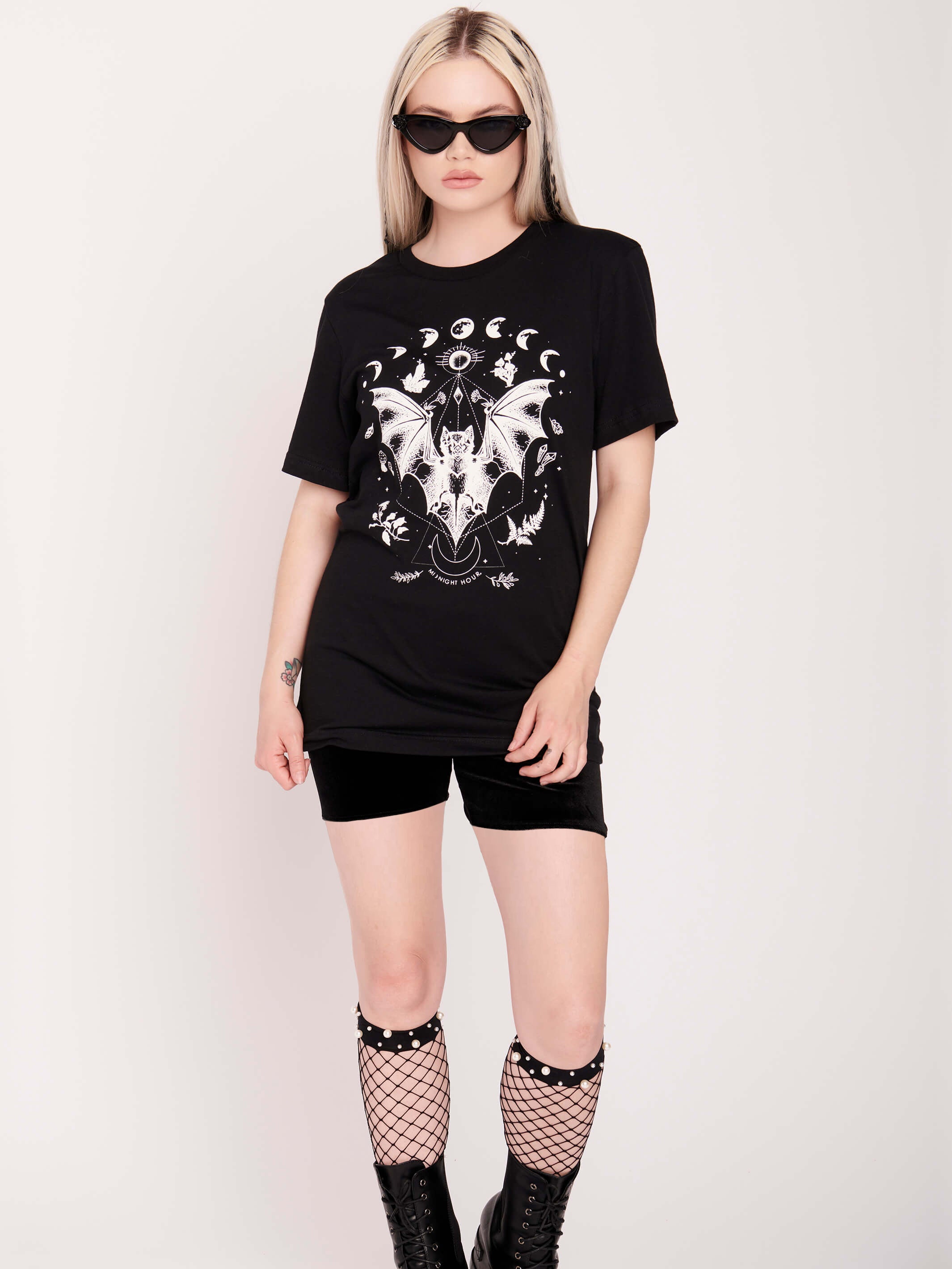 Black t-shirt with moonphase and bat graphic