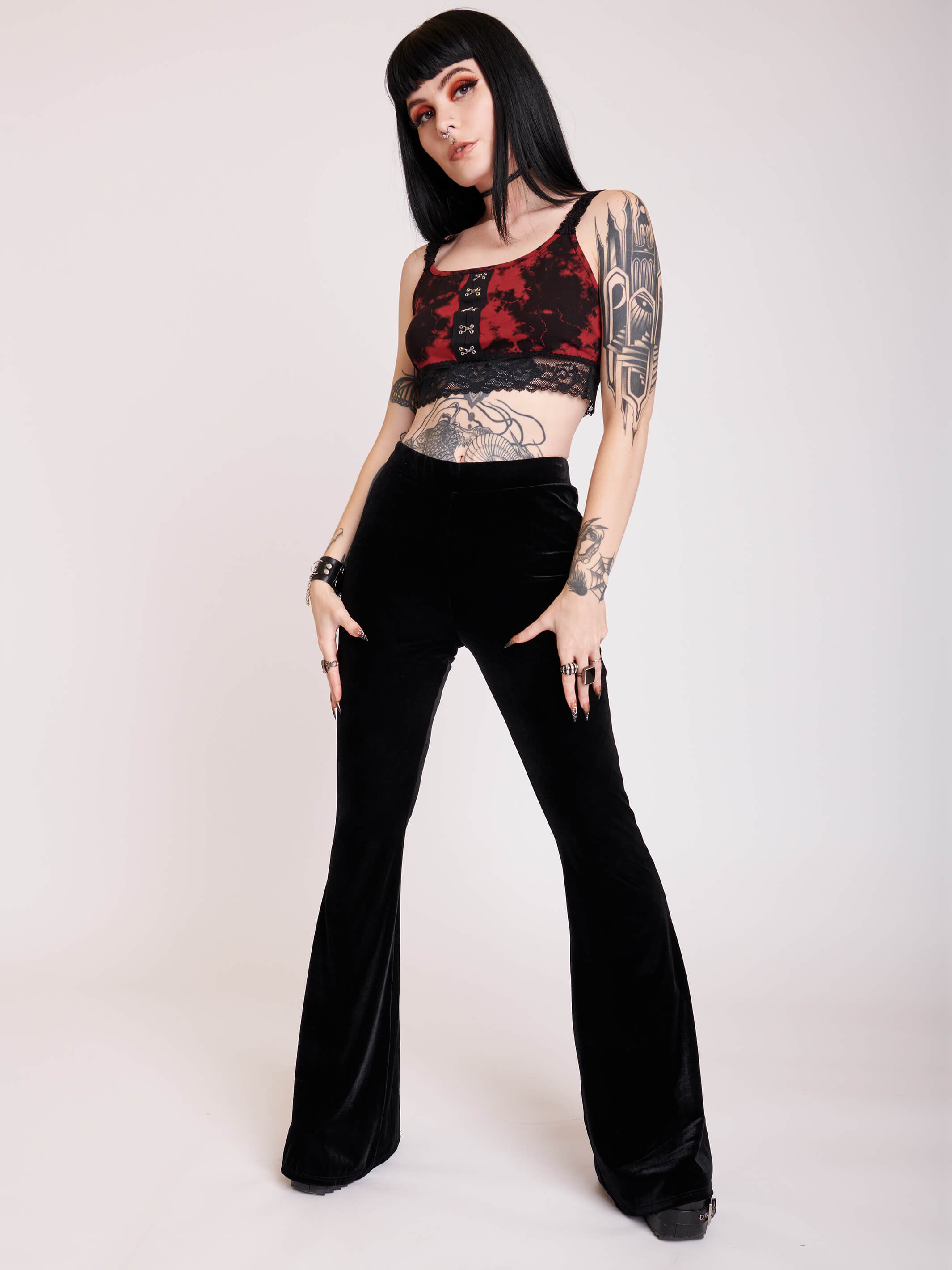 Gothic Black stretch velvet flared legging pants.