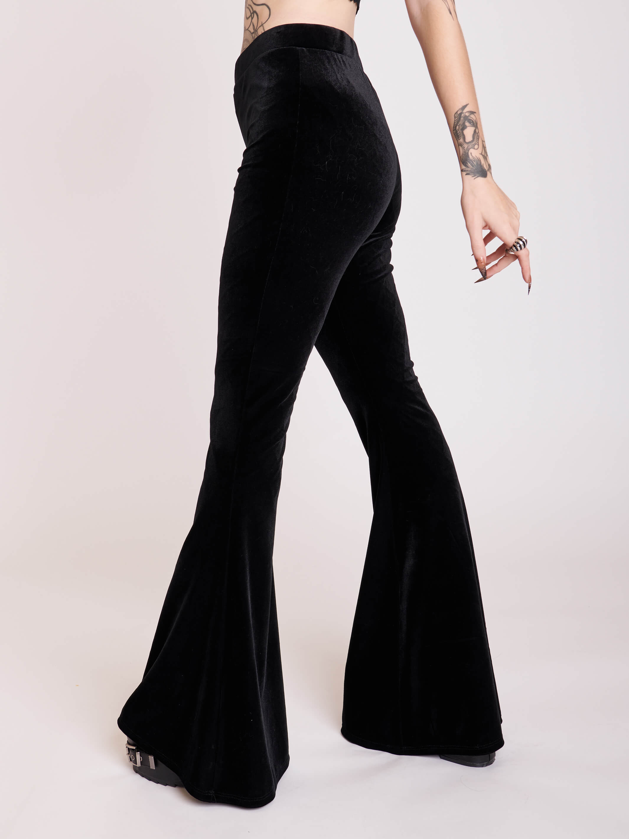 Gothic Black stretch velvet flared legging pants.