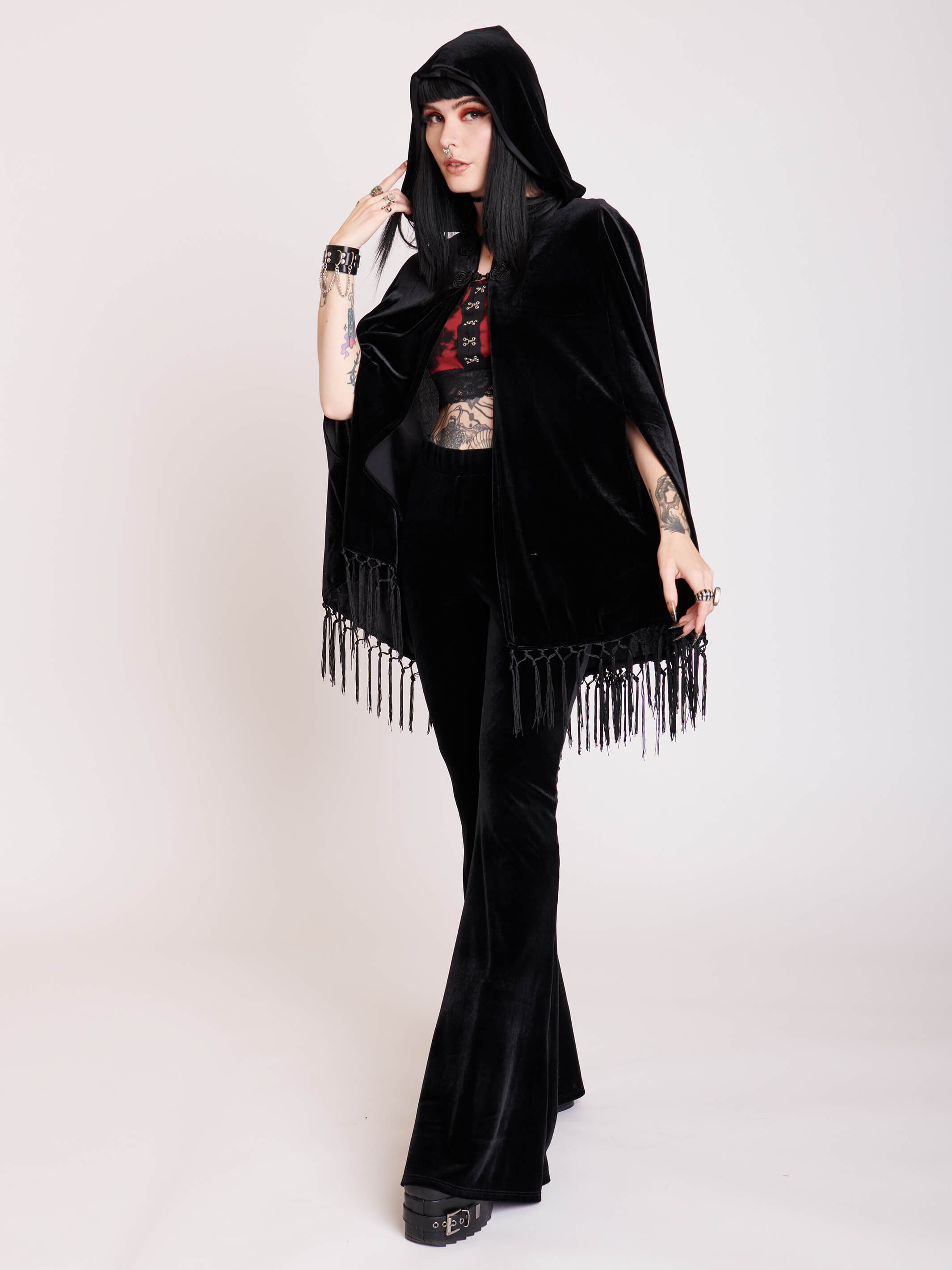 Gothic Black stretch velvet flared legging pants.