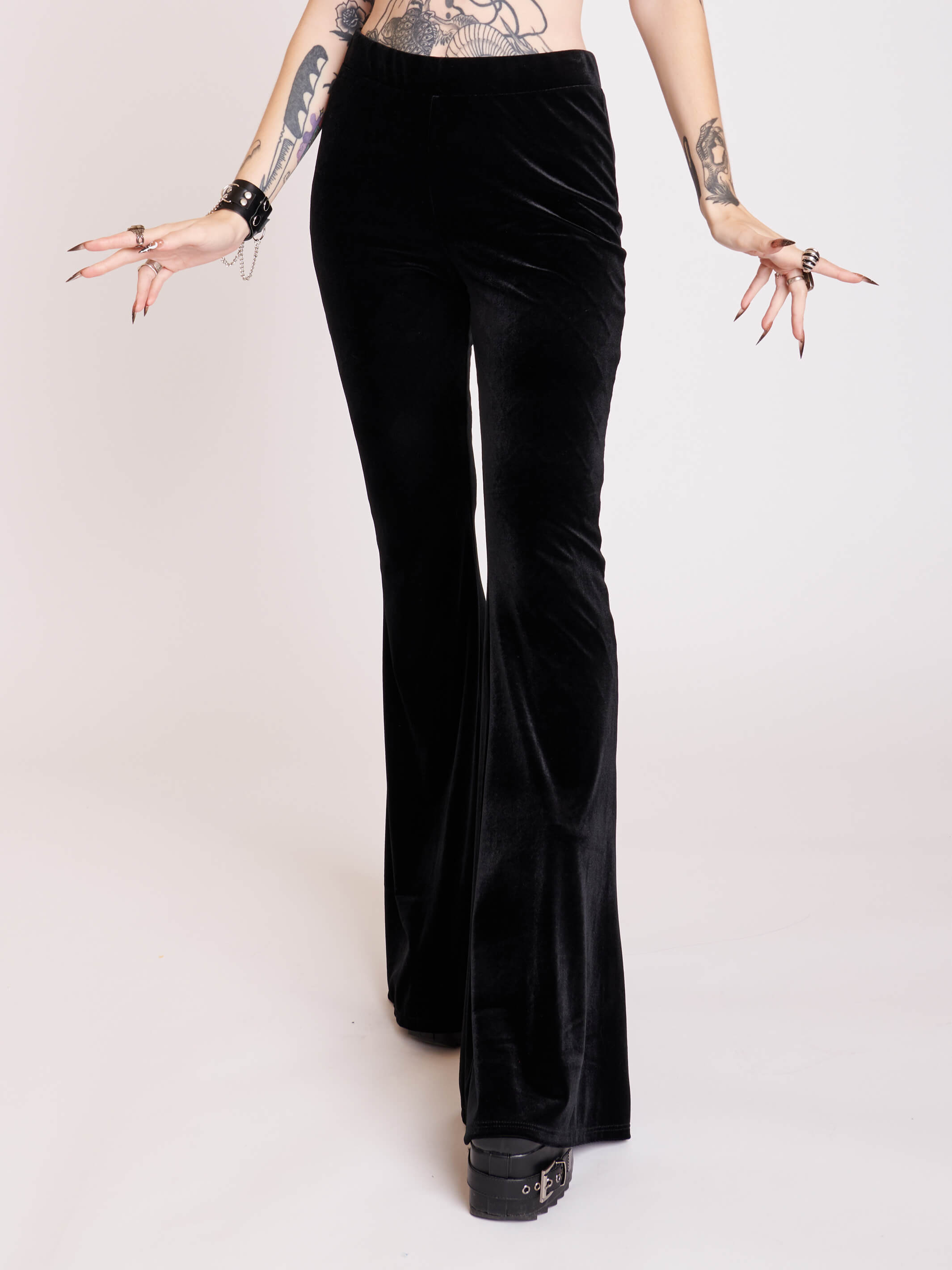 Gothic Black stretch velvet flared legging pants.