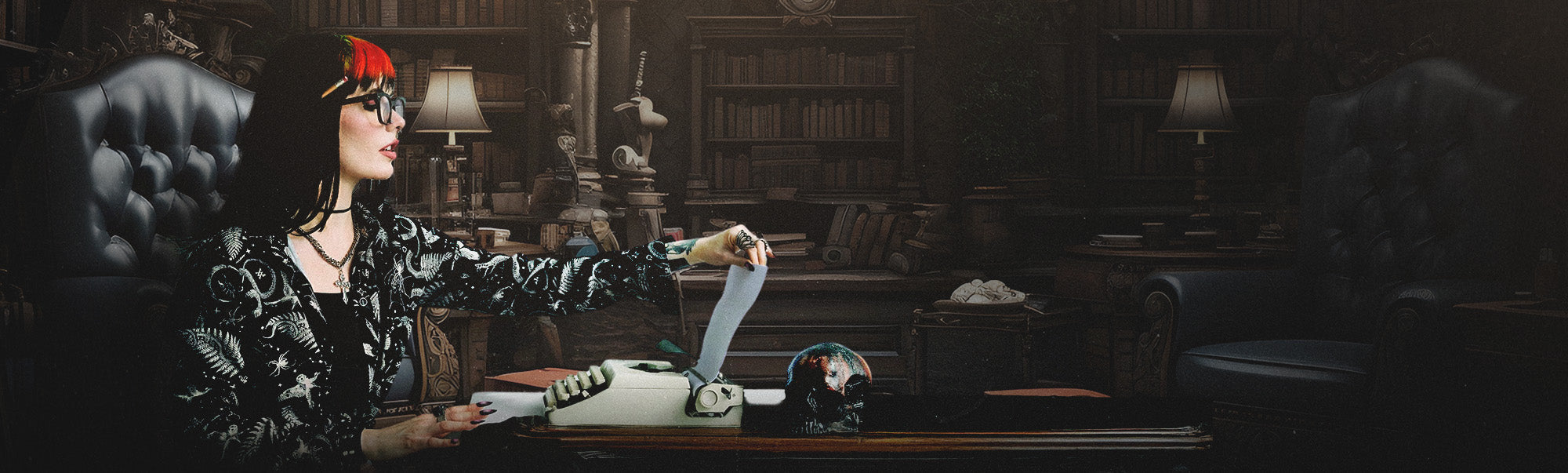 woman dressed in corporate goth clothing at a desk