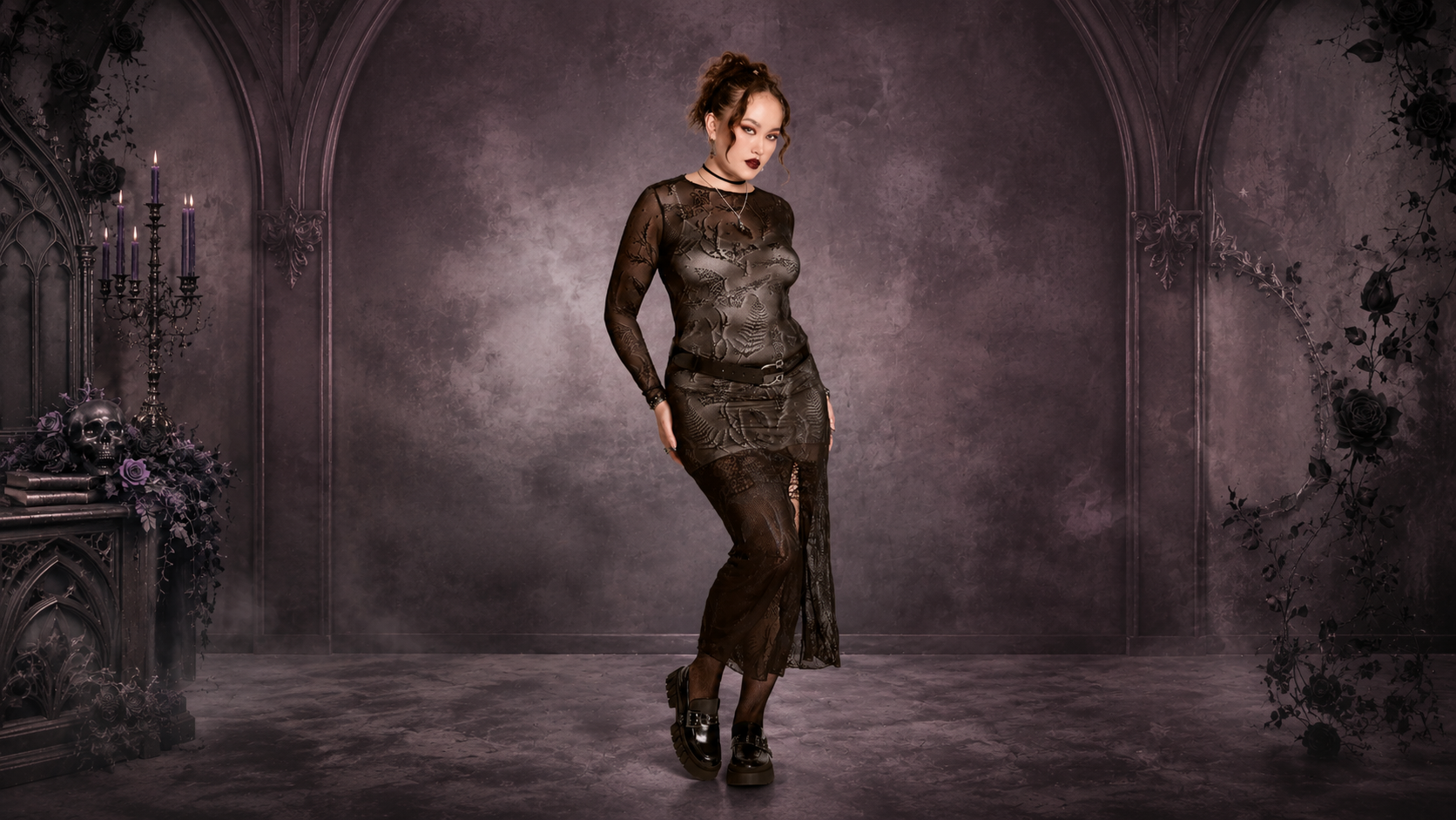 Alt girl outfit featuring the Bat Mesh Maxi Dress by Midnight Hour