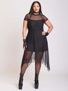 BLACK MESH HANKY HEM DRESS WITH SLIP