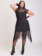 BLACK MESH HANKY HEM DRESS WITH SLIP