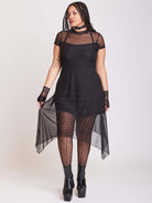 BLACK MESH HANKY HEM DRESS WITH SLIP