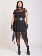 BLACK MESH HANKY HEM DRESS WITH SLIP