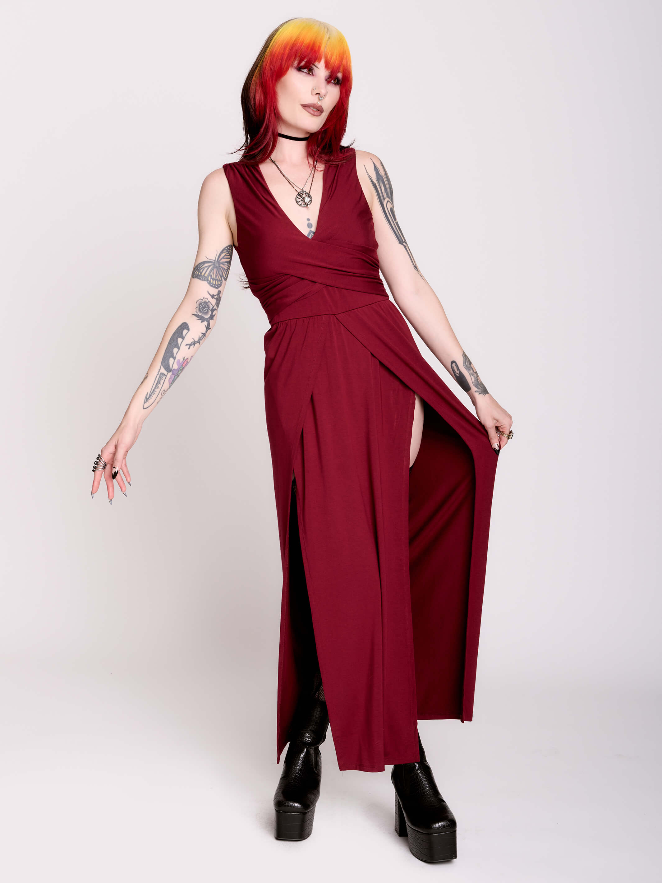 burgundy twist front dress