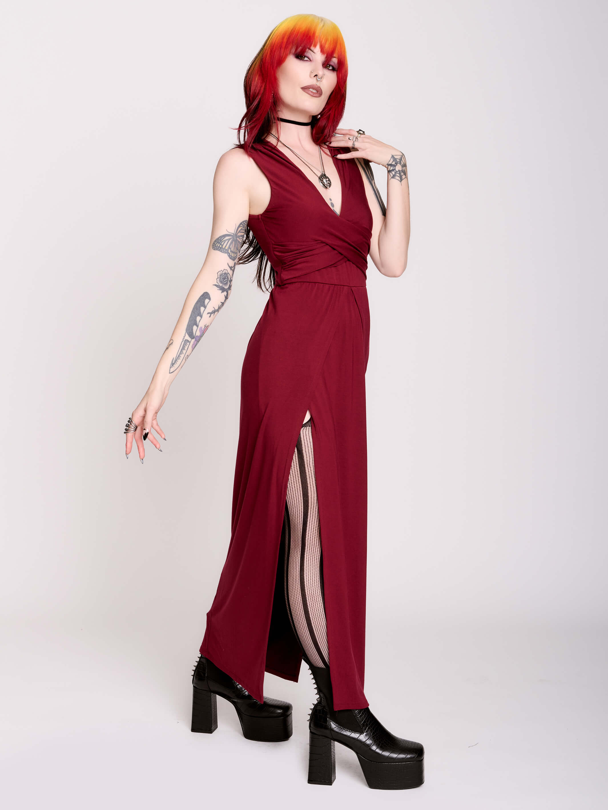 burgundy twist front dress