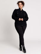  black zip-up knitted cardigan with ilver tones buttons and pockets