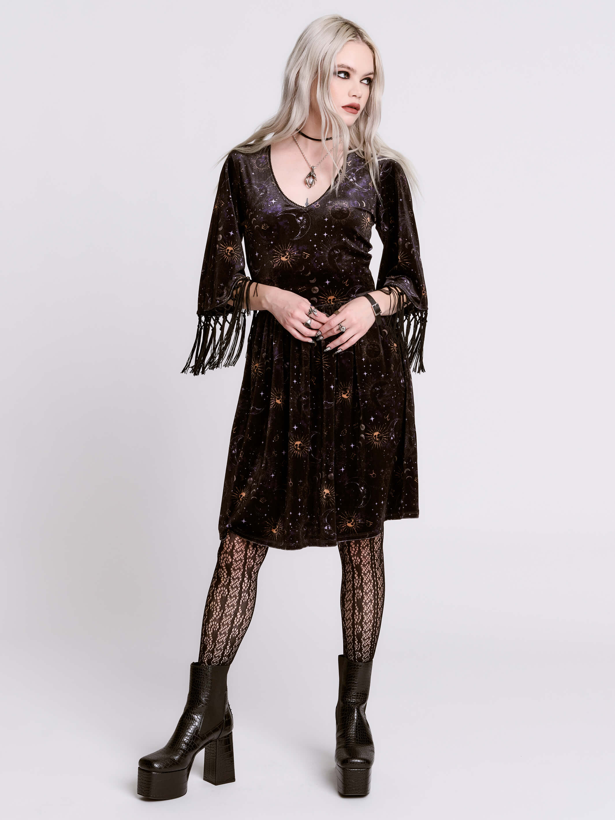 CELESTIAL VELVET FRINGE DRESS