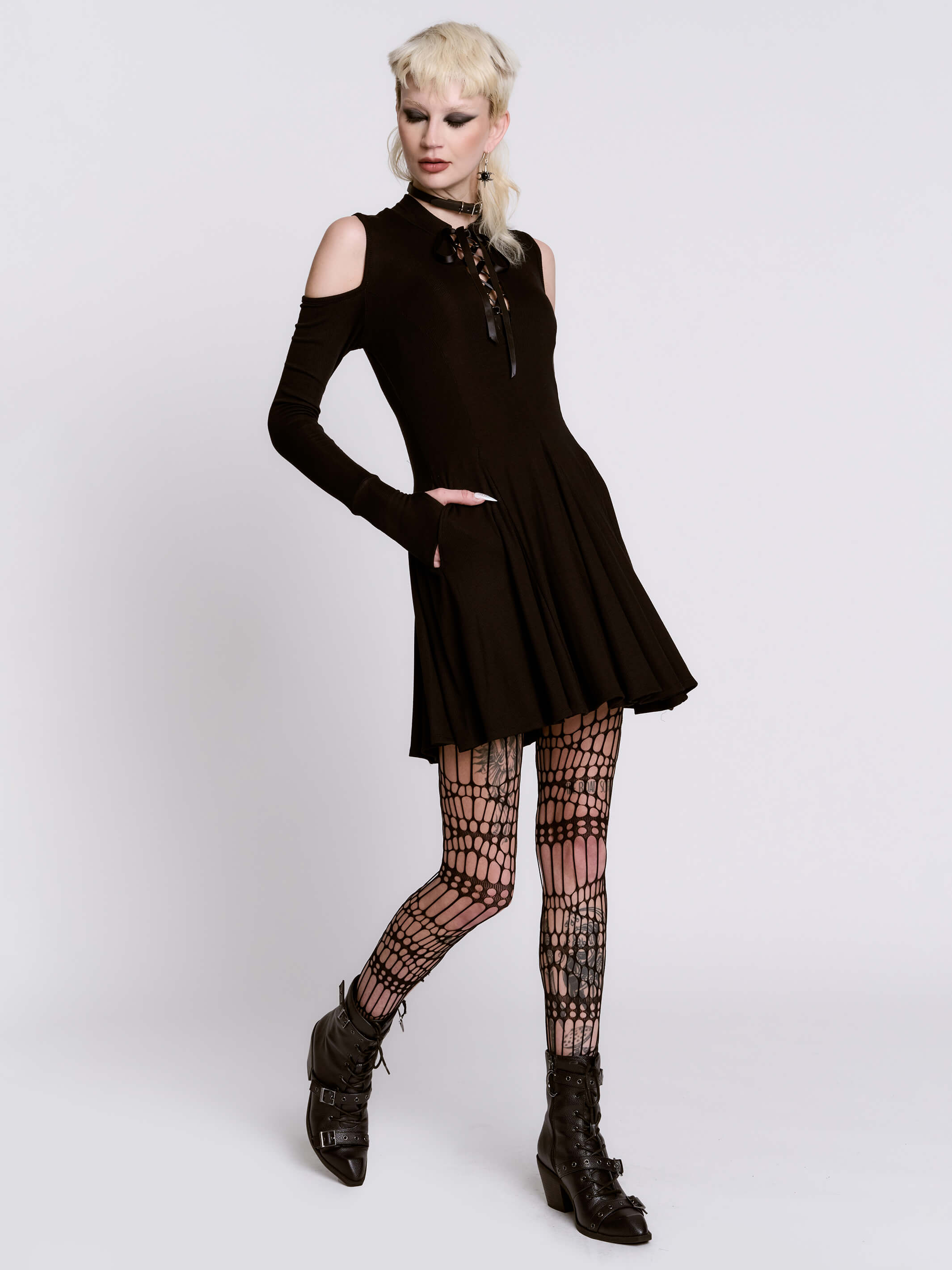 Cold Shoulder Lace Up Dress