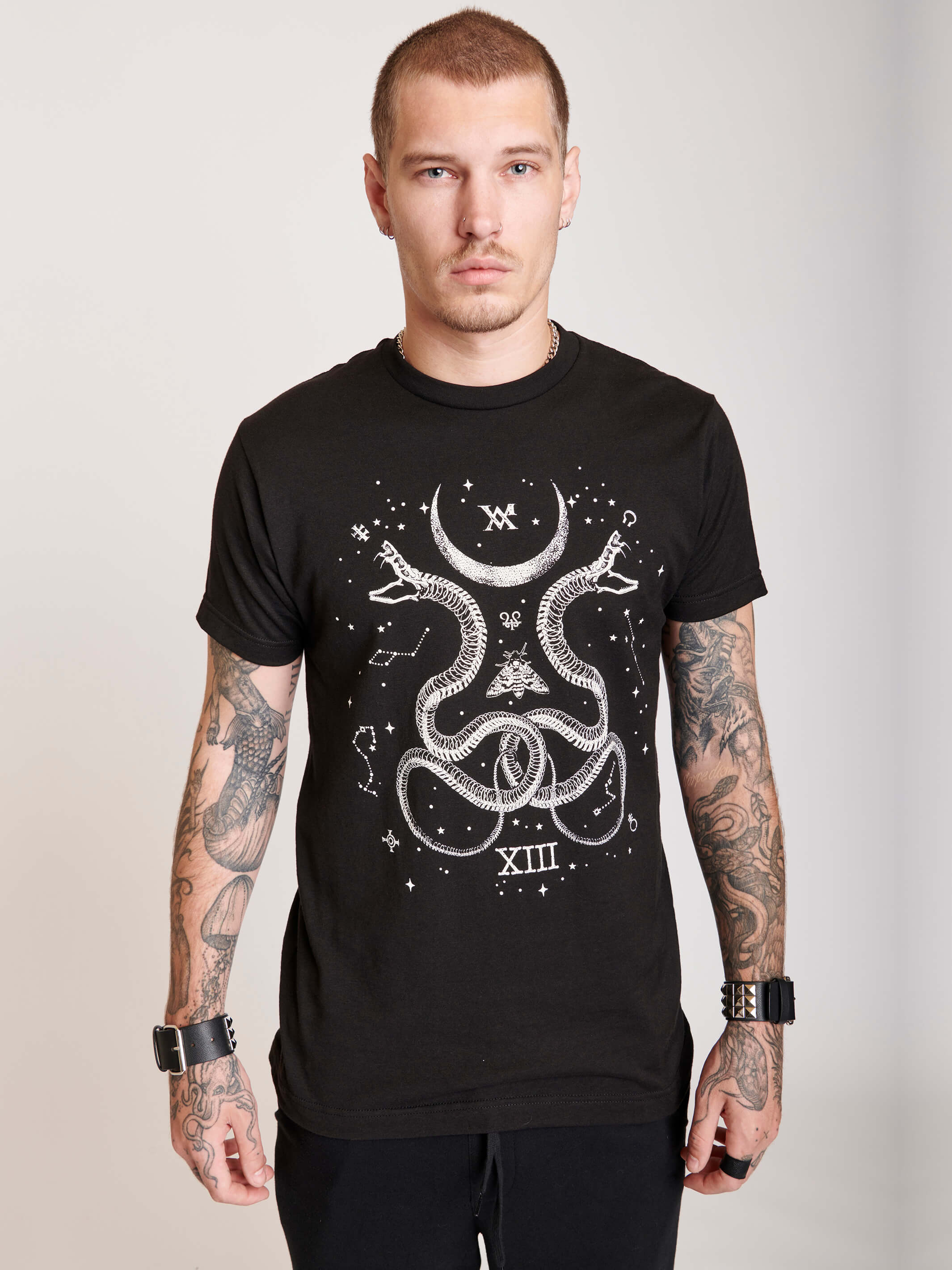 Unisex basic tee with a cosmic snake custom print.