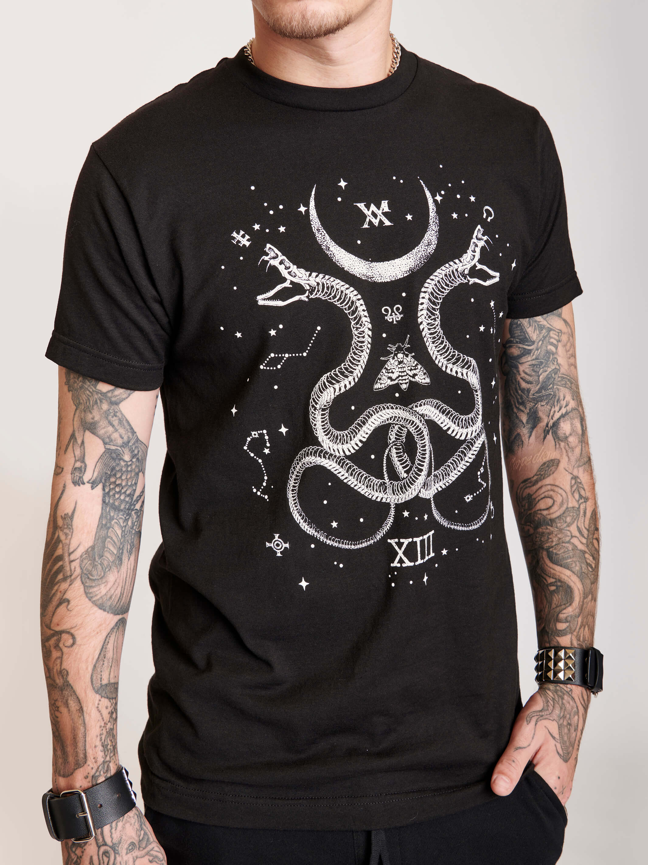 Unisex basic tee with a cosmic snake custom print.