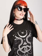 Unisex basic tee with a cosmic snake custom print. 