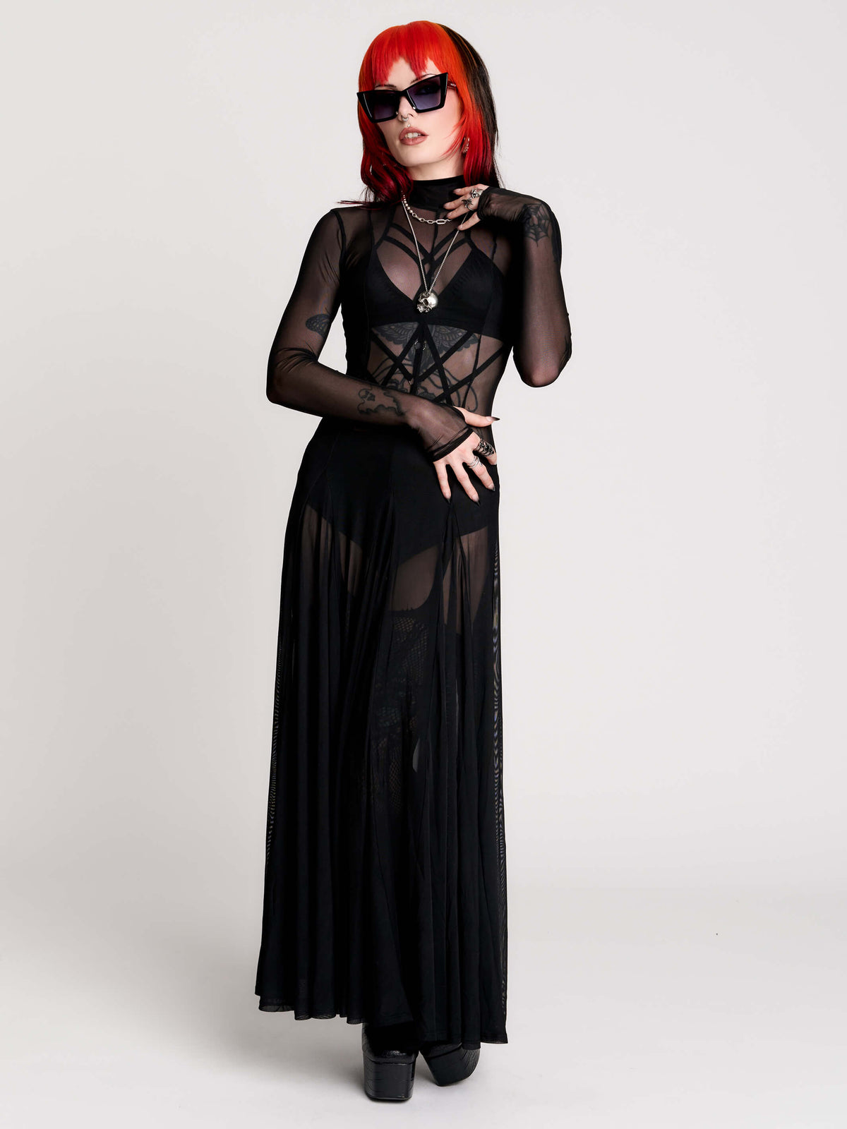 black sheer long-sleeve maxi dress