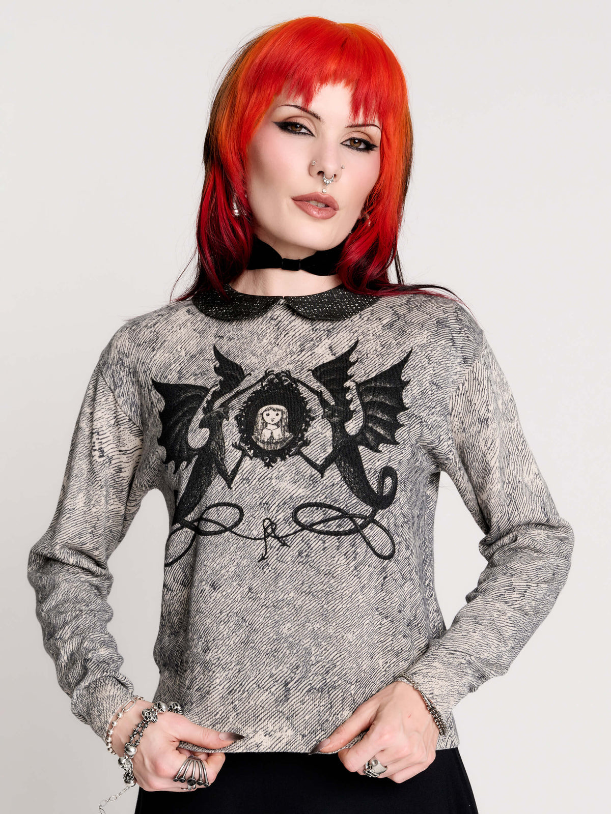 gray marled long-sleeve shirt with a black dragon graphic and a printed Peter Pan collar