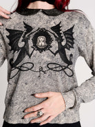 gray marled long-sleeve shirt with a black dragon graphic and a printed Peter Pan collar