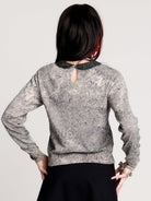 gray marled long-sleeve shirt with a black dragon graphic and a printed Peter Pan collar