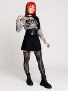 gray marled long-sleeve shirt with a black dragon graphic and a printed Peter Pan collar