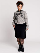 gray marled long-sleeve shirt with a black dragon graphic and a printed Peter Pan collar