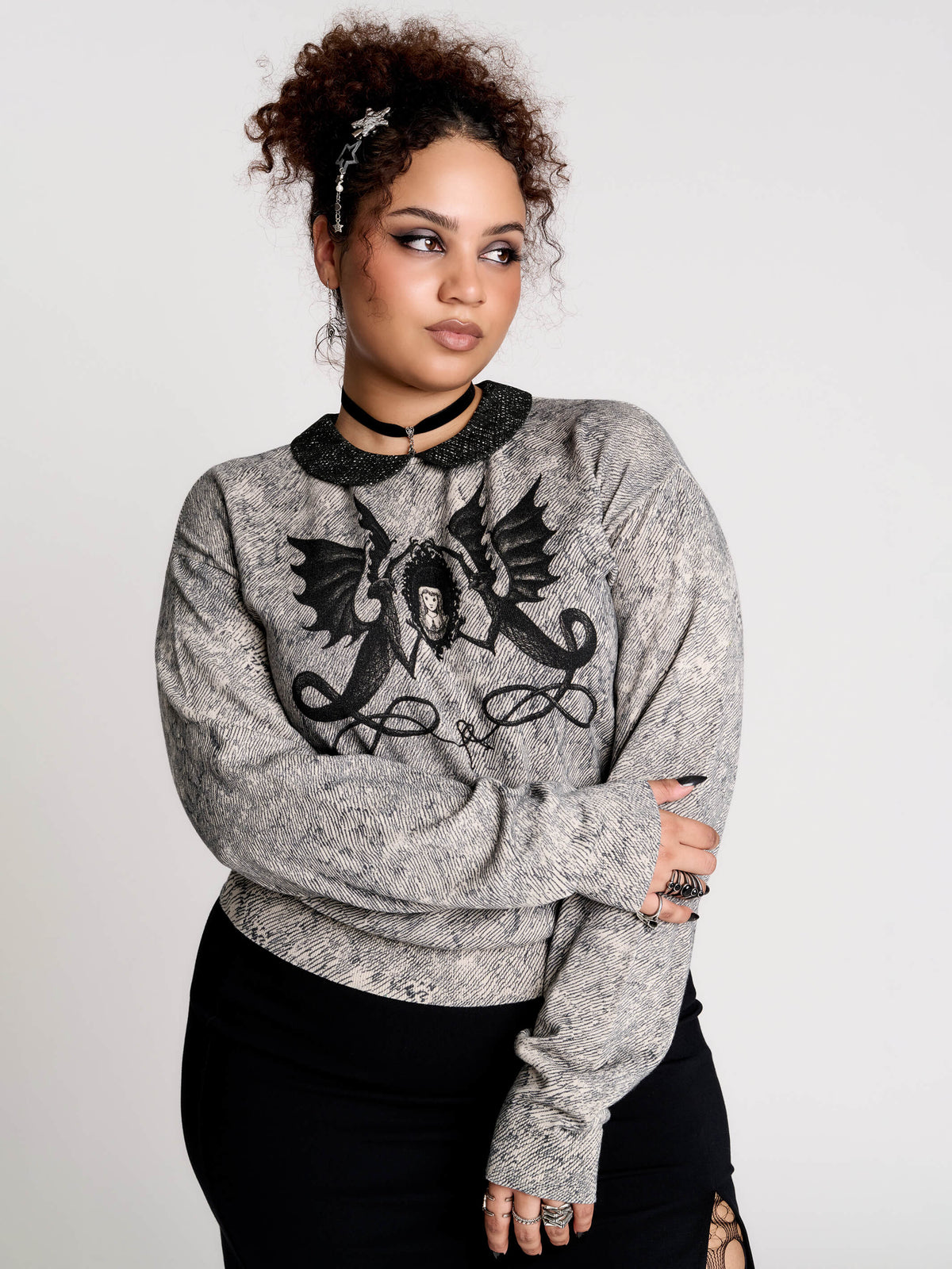 gray marled long-sleeve shirt with a black dragon graphic and a printed Peter Pan collar