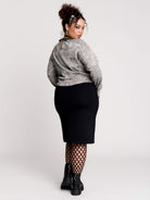 gray marled long-sleeve shirt with a black dragon graphic and a printed Peter Pan collar