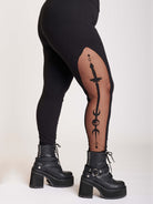 Black legging with side mesh embroidered panel