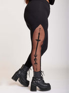 Black legging with side mesh embroidered panel