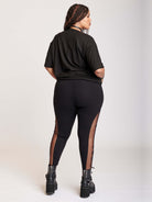 Black legging with side mesh embroidered panel