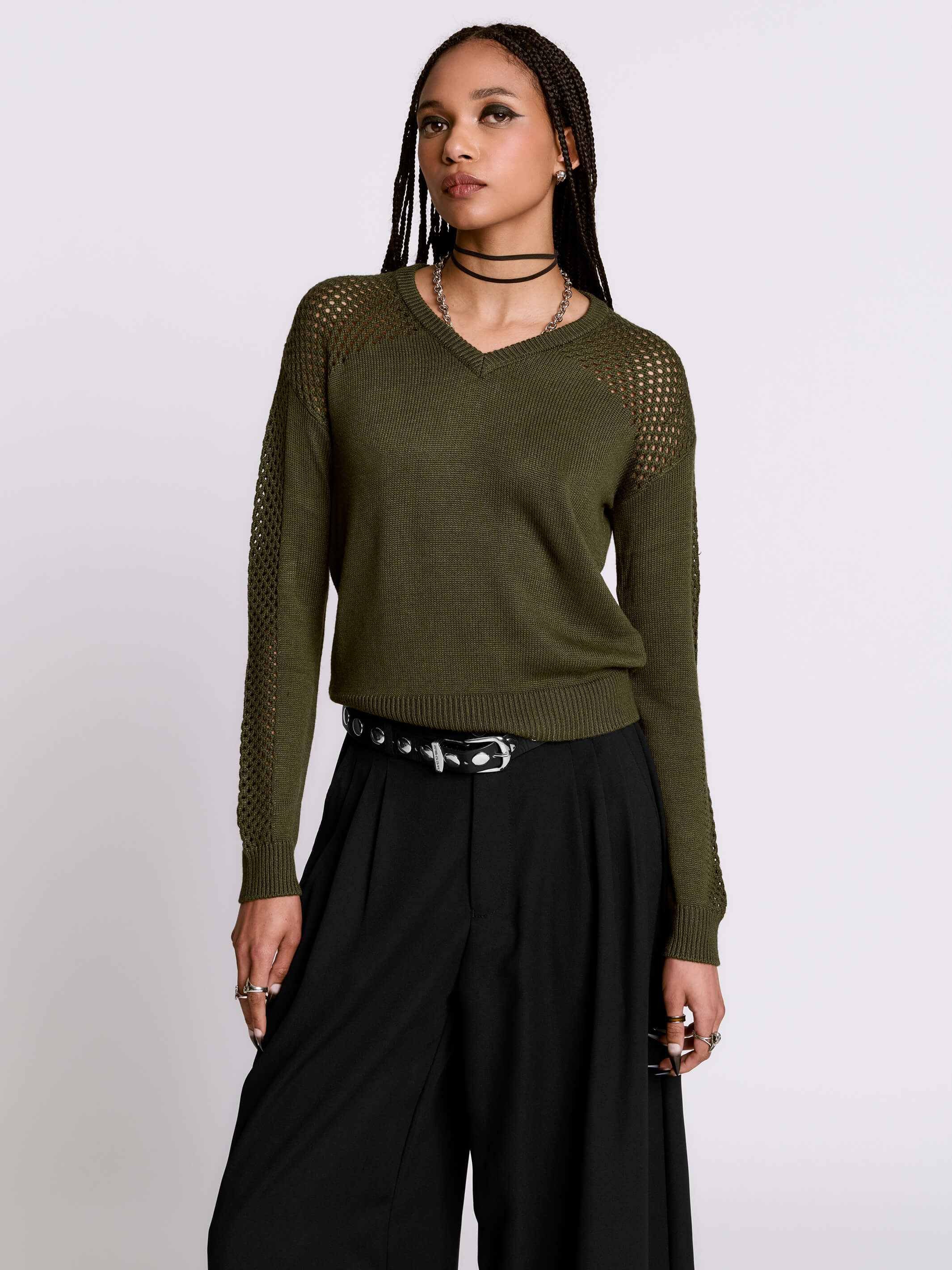Army Green Fishnet Sweater