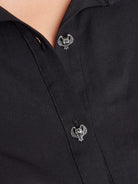 button up shirt with gargoyle buttons and embroidery on collar