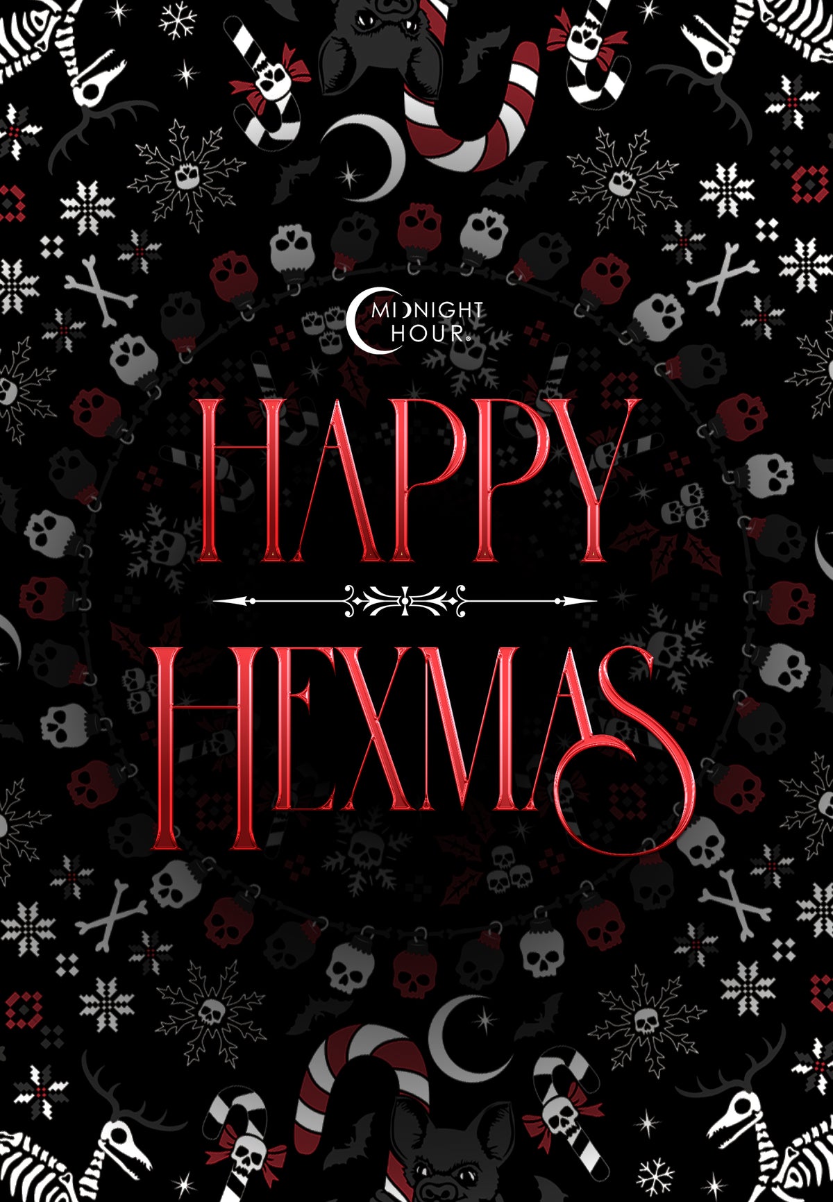 A Halloween-themed graphic design featuring the text 'HAPPY HEXMAS' in a stylized red serif font, with 'Crazy Nights Hour' written above it. The background is black and decorated with a repeating pattern of white and red skulls, snowflakes, candy canes, and occult symbols.