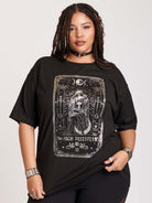 Black t-shirt featuring a sleek silver foil design