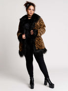 leopard print coat with black faux fur trim