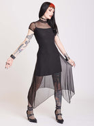 BLACK MESH HANKY HEM DRESS WITH SLIP