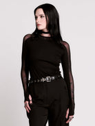  black long-sleeve top with sheer mesh sleeves