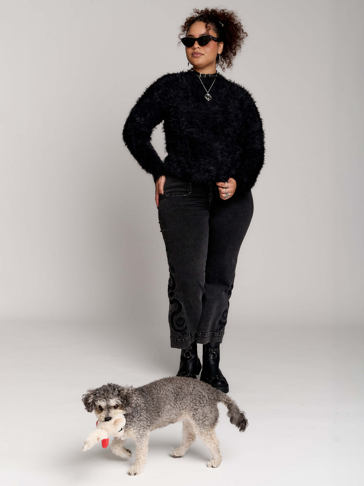 black fuzzy faux-fur mock-neck sweater