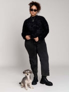 black fuzzy faux-fur mock-neck sweater