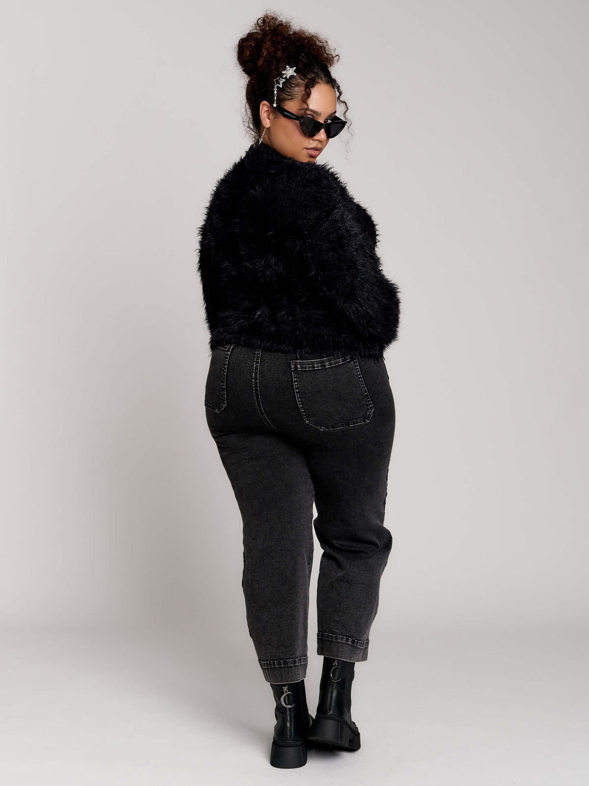 black fuzzy faux-fur mock-neck sweater